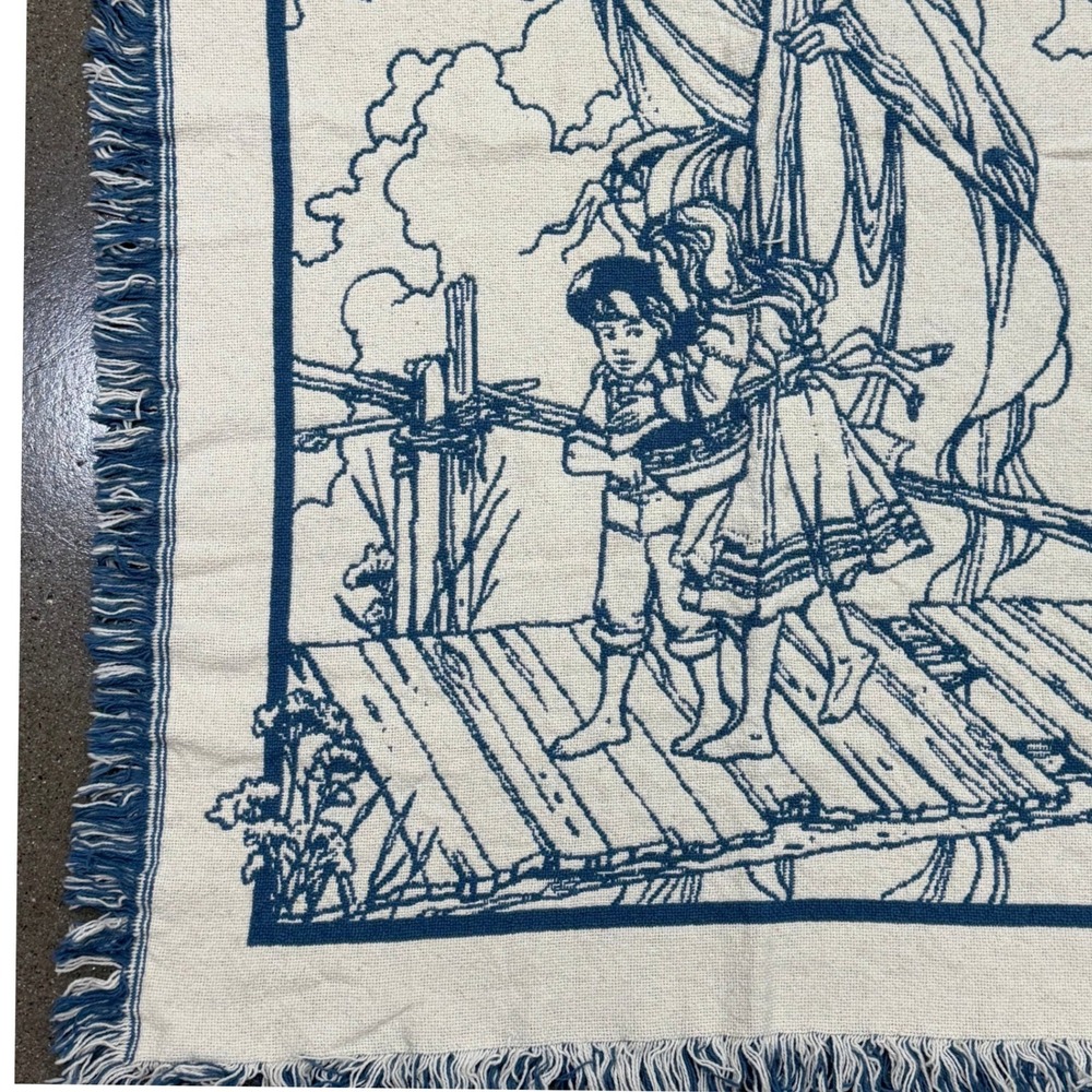 Vintage Guardian Angel Woven Throw Blanket Blue Cream Fringed Tapestry 32x46 - Picture 3 of 4